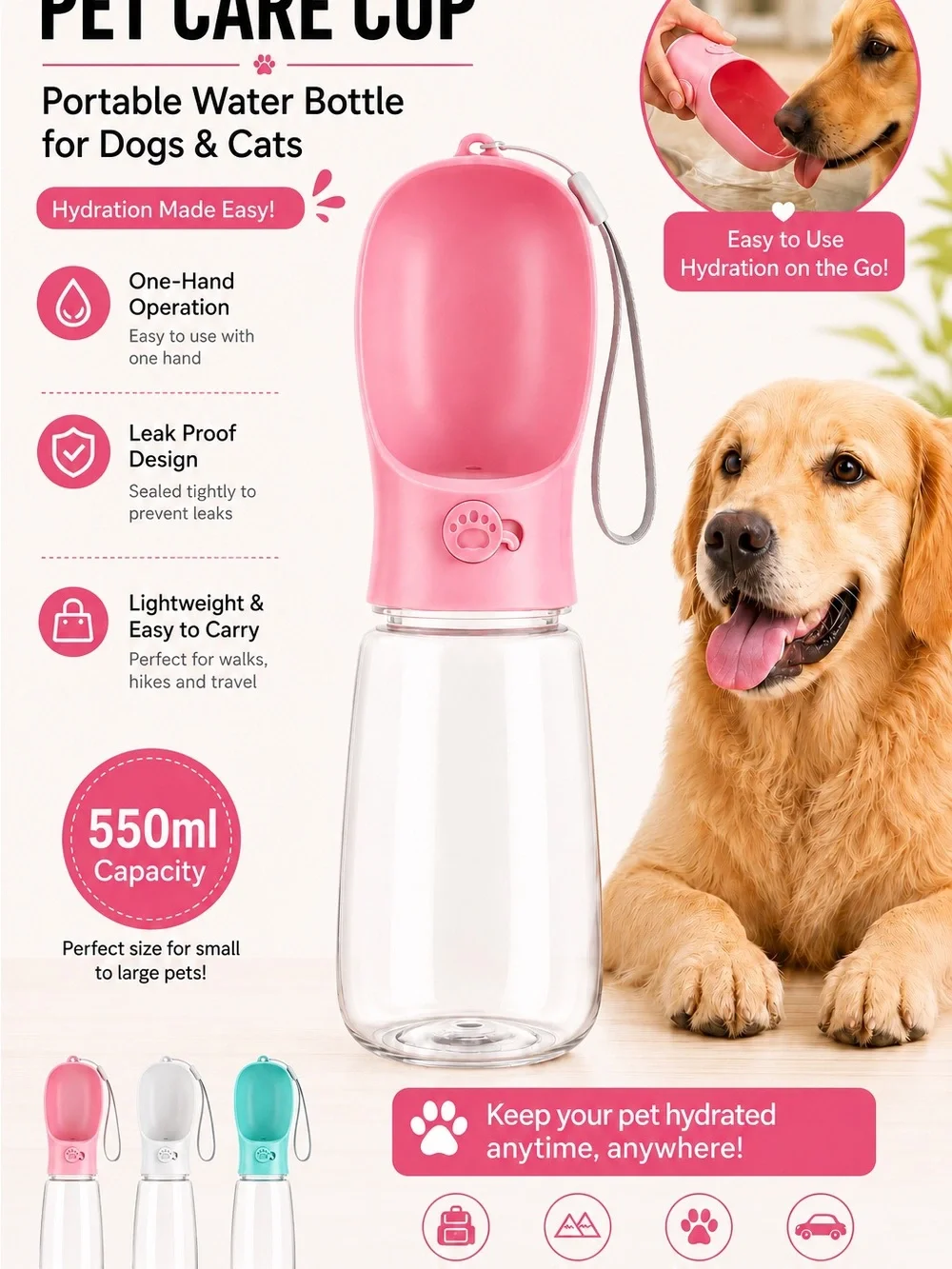 Portable Pink Pet Care Cup - Leak Proof Dog Water Bottle